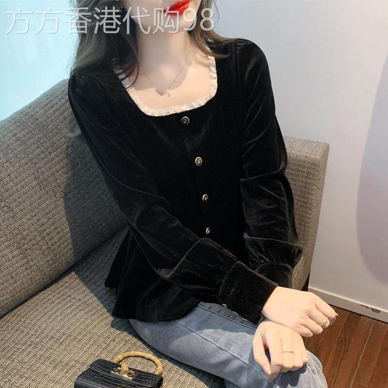 金丝绒方领衬衫女春秋欧货漂亮锁骨小衫法式长袖蕾丝拼接修身上衣