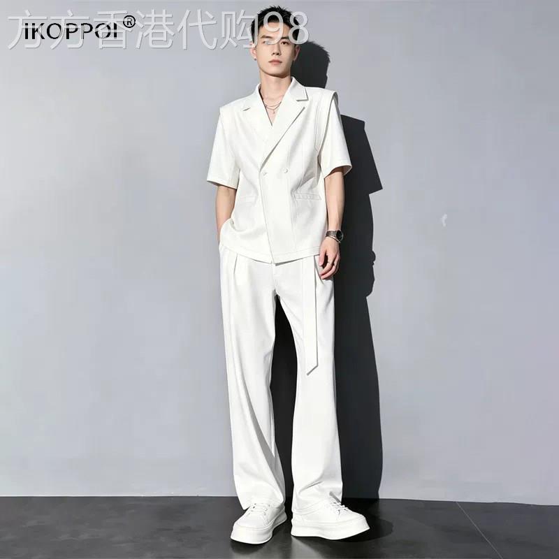 轻奢男士痞帅垂感短袖西服套装夏季薄款中袖休闲宽松西装两件套潮