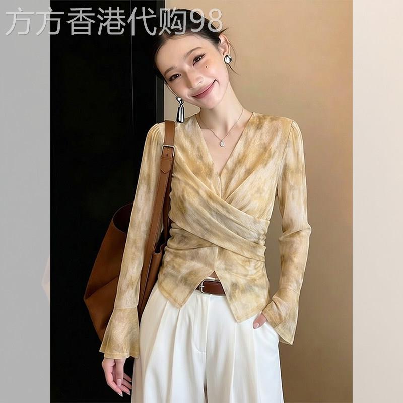 通勤风V领交叉设计感雪纺衫女春季长袖显瘦气质扎染风喇叭袖上衣