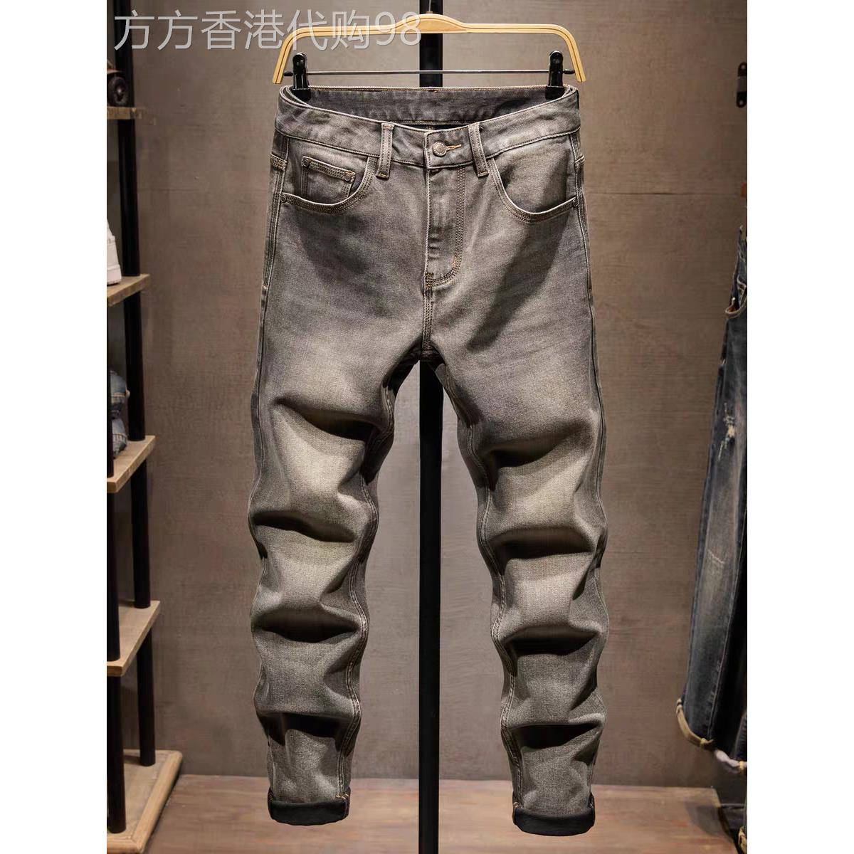 潮牌复古牛仔裤男欧美春季灰色做旧修身小脚百搭弹力休闲潮流长裤
