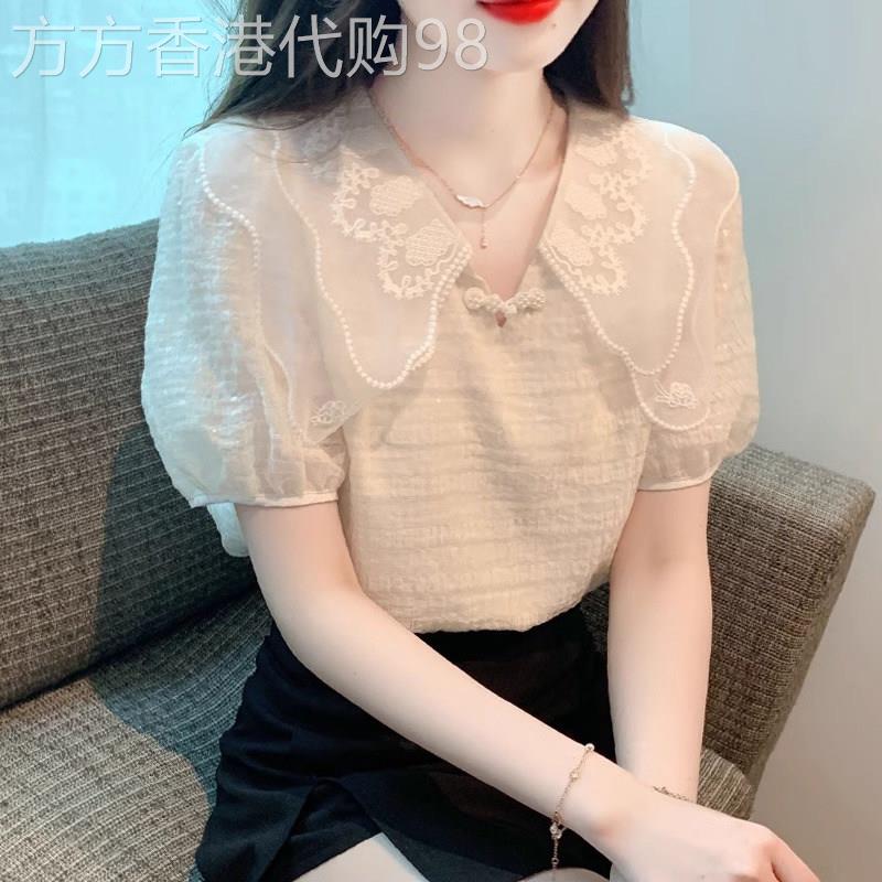 短袖雪纺衫女夏季薄款2026新款宽松遮肚洋气小衫娃娃领泡泡袖上衣
