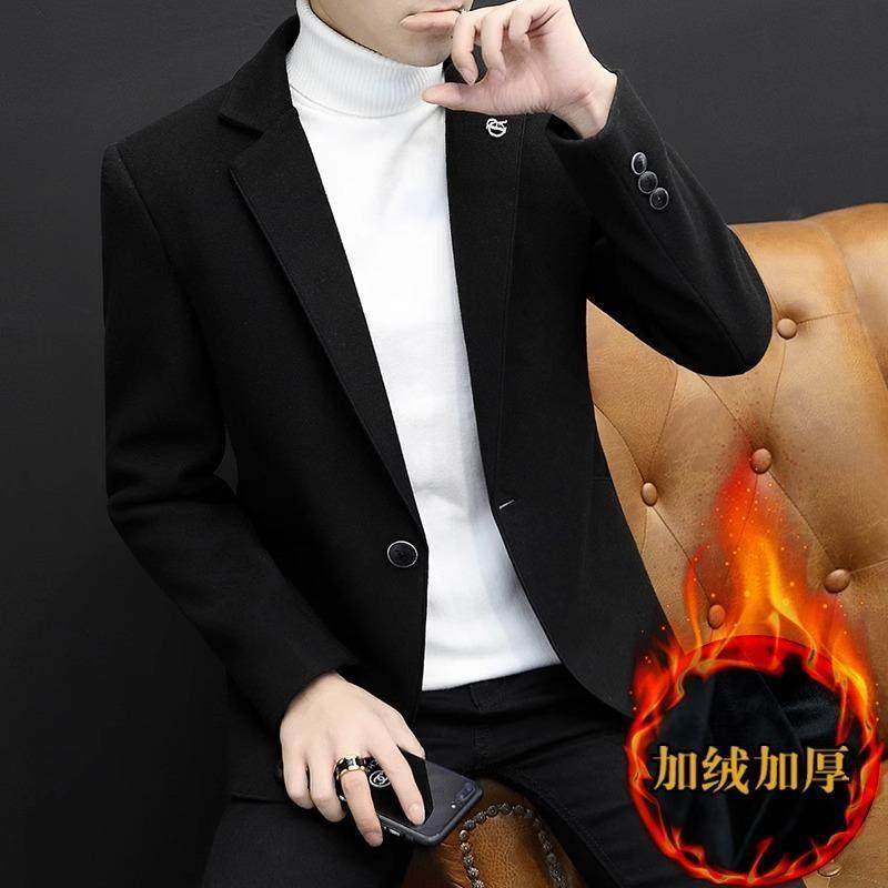 高端秋冬季加绒小西装男士韩版修身商务单西休闲加厚毛呢西服外套