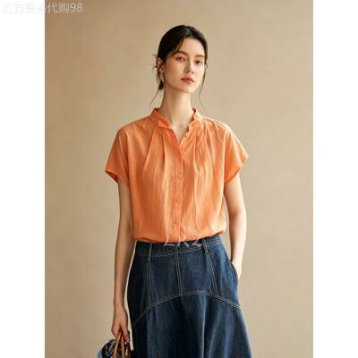 欧货高级感橙色压褶皱立领短袖衬衫上衣女夏季休闲单排钮扣薄衬衫