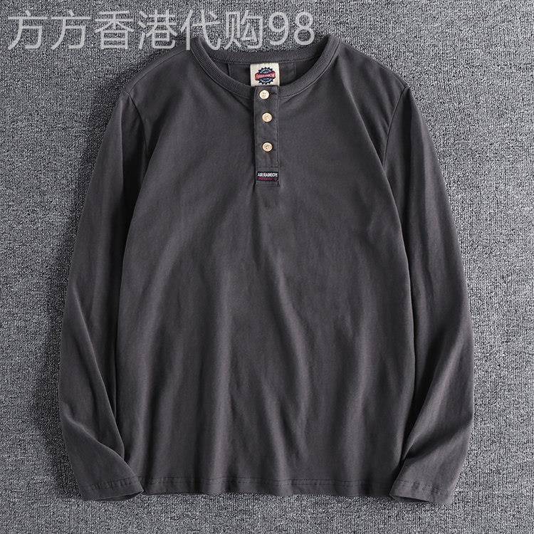 代购潮牌春季美式宽松纯棉亨利领男士长袖T恤复古休闲青年打底衫
