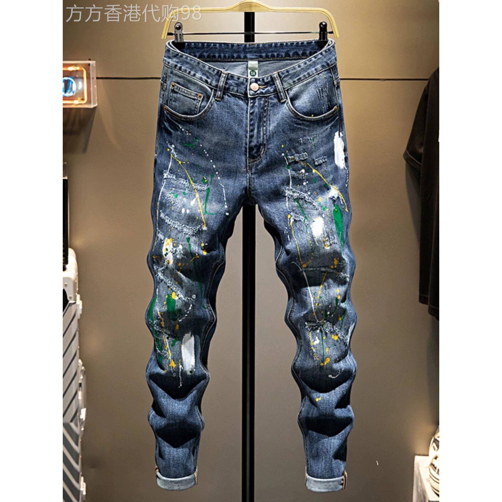 潮牌复古蓝色牛仔裤男夏季破洞刮烂补丁泼墨修身小脚个性潮流长裤