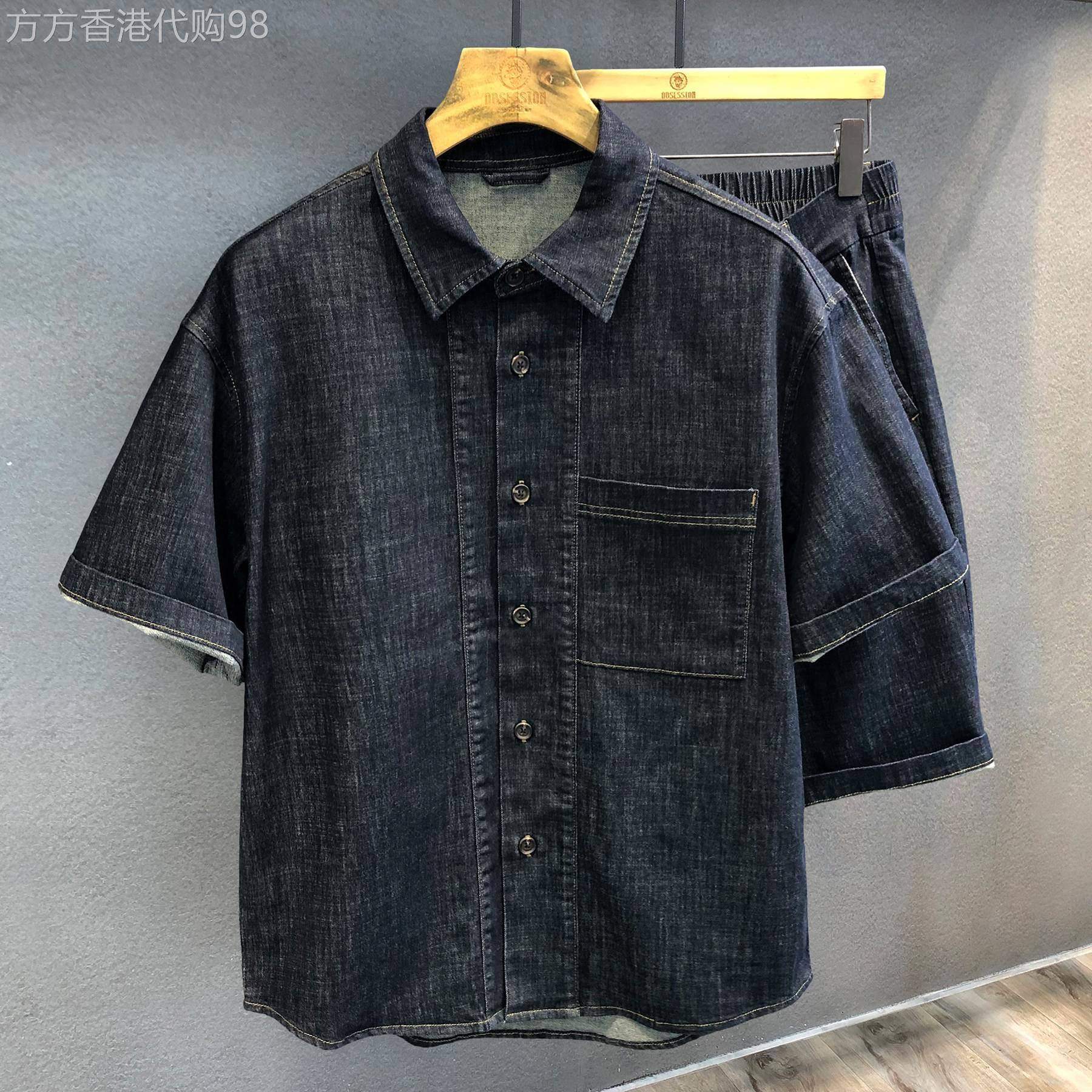 高级感牛仔套装男士夏季时尚潮牌百搭运动休闲短袖衬衫短裤两件套