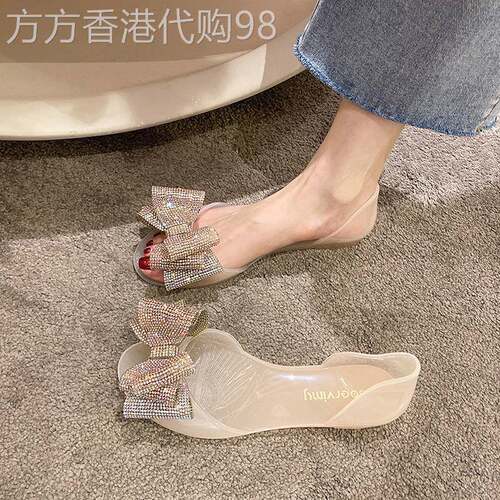 夏季闪钻鱼嘴平底果冻鞋时尚蝴蝶结防水凉鞋女海边度假一体沙滩鞋