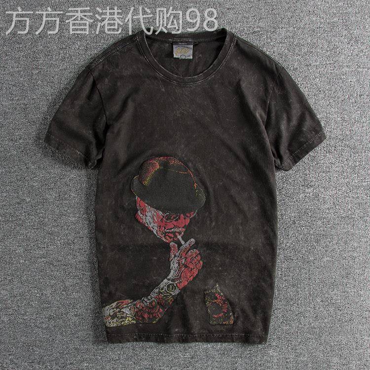 代购香港潮男夏季英伦水洗复古做旧纯棉青年半袖男士圆领短袖T恤
