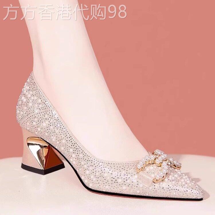 时尚水钻中跟浅口单鞋女2025年夏季新款配裙旗袍休闲不累脚高跟鞋