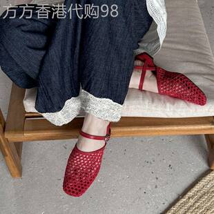 时尚博主~ins风红色渔网鞋夏季真皮镂空编织包头凉鞋女款方头中跟