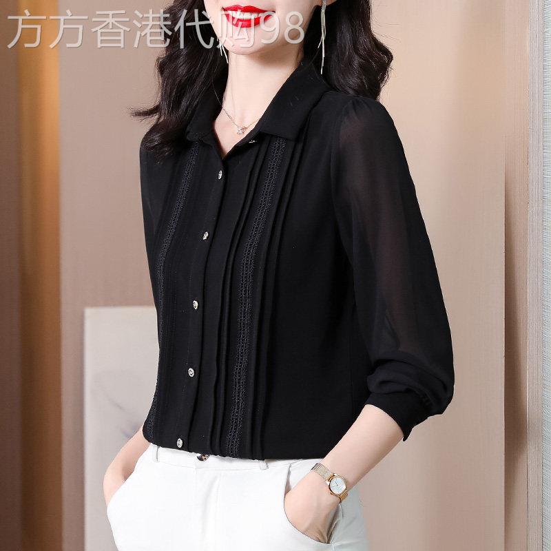 设计感高端翻领衬衫女春秋新款气质黑色长袖衬衣时髦洋气雪纺上衣
