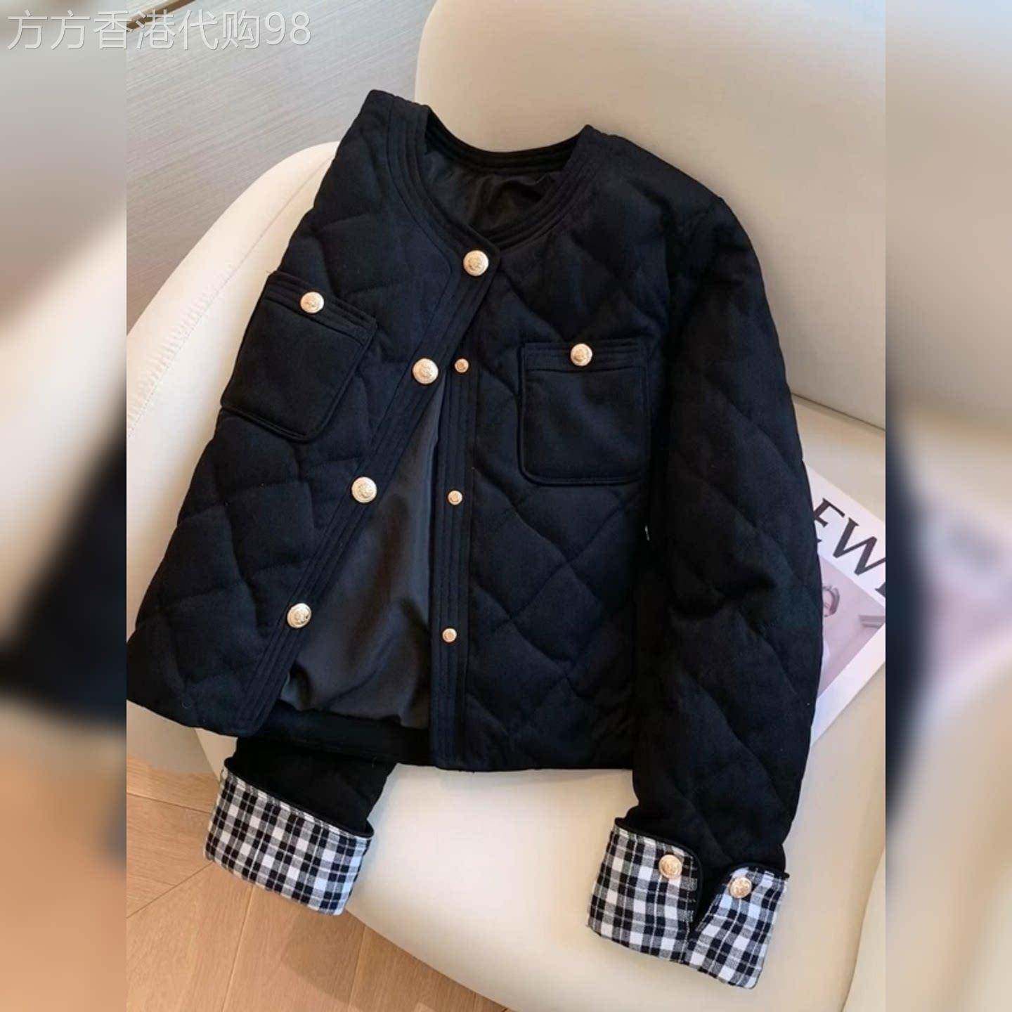 黑色小香风格子拼接菱格棉服外套女秋冬新款宽松百搭加厚保暖棉衣