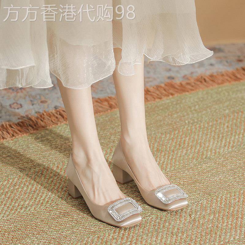 真皮粗跟单鞋女2025春季新款方扣中跟方头浅口通勤气质职业高跟鞋