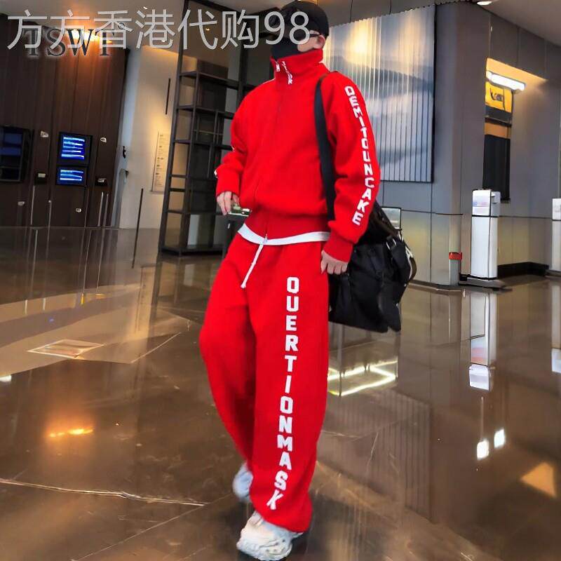 高端户外休闲运动套装男士秋冬宽松透气拼接印花开衫卫衣长裤一套