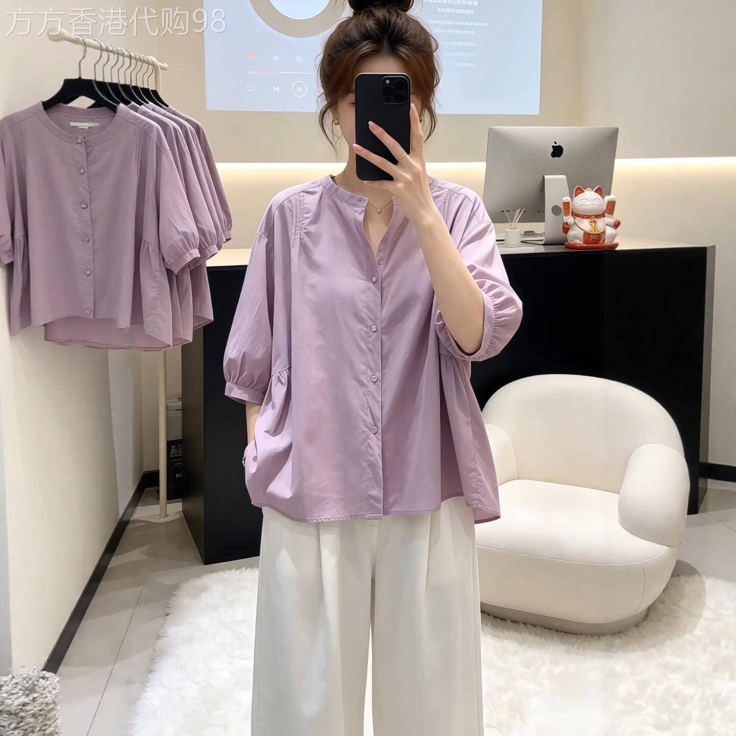 潮牌圆领七分袖衬衫女夏2026新款大尺码胖MM减龄洋派宽松娃娃衫上