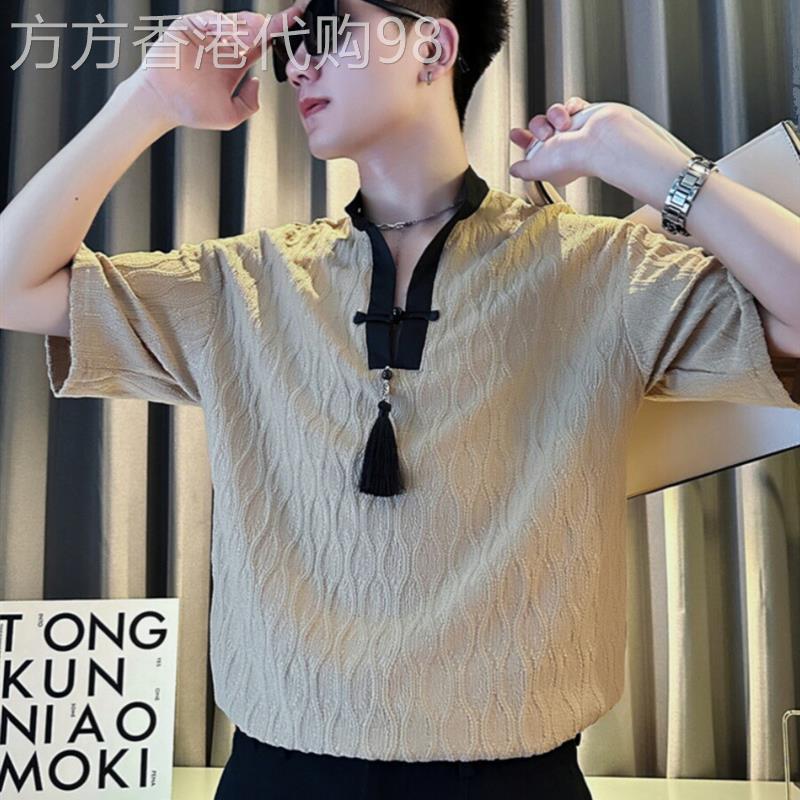 新中式冰丝衬衫男短袖盘扣寸衫2026新款夏季男装坠感流苏半袖衬衣