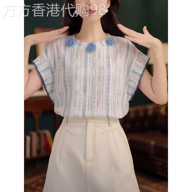 港风复古立体花朵短袖衬衫女2026夏季新款欧货宽松设计感蓝色衬衣