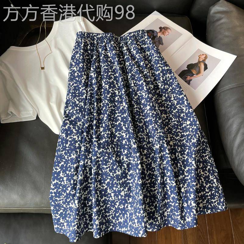 韩国蓝色碎花半身裙女春秋新款中长款高腰小个子a字法式洋气伞裙