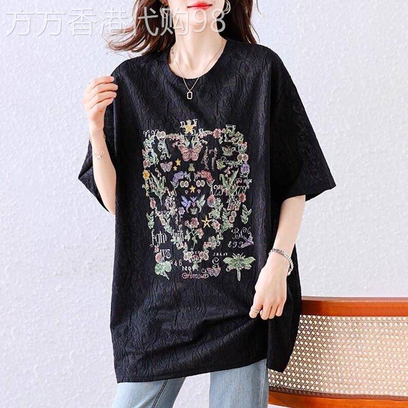 潮牌大尺码短袖T恤衫女夏季新款欧货爆款胖mm中长版巨遮肚宽松上
