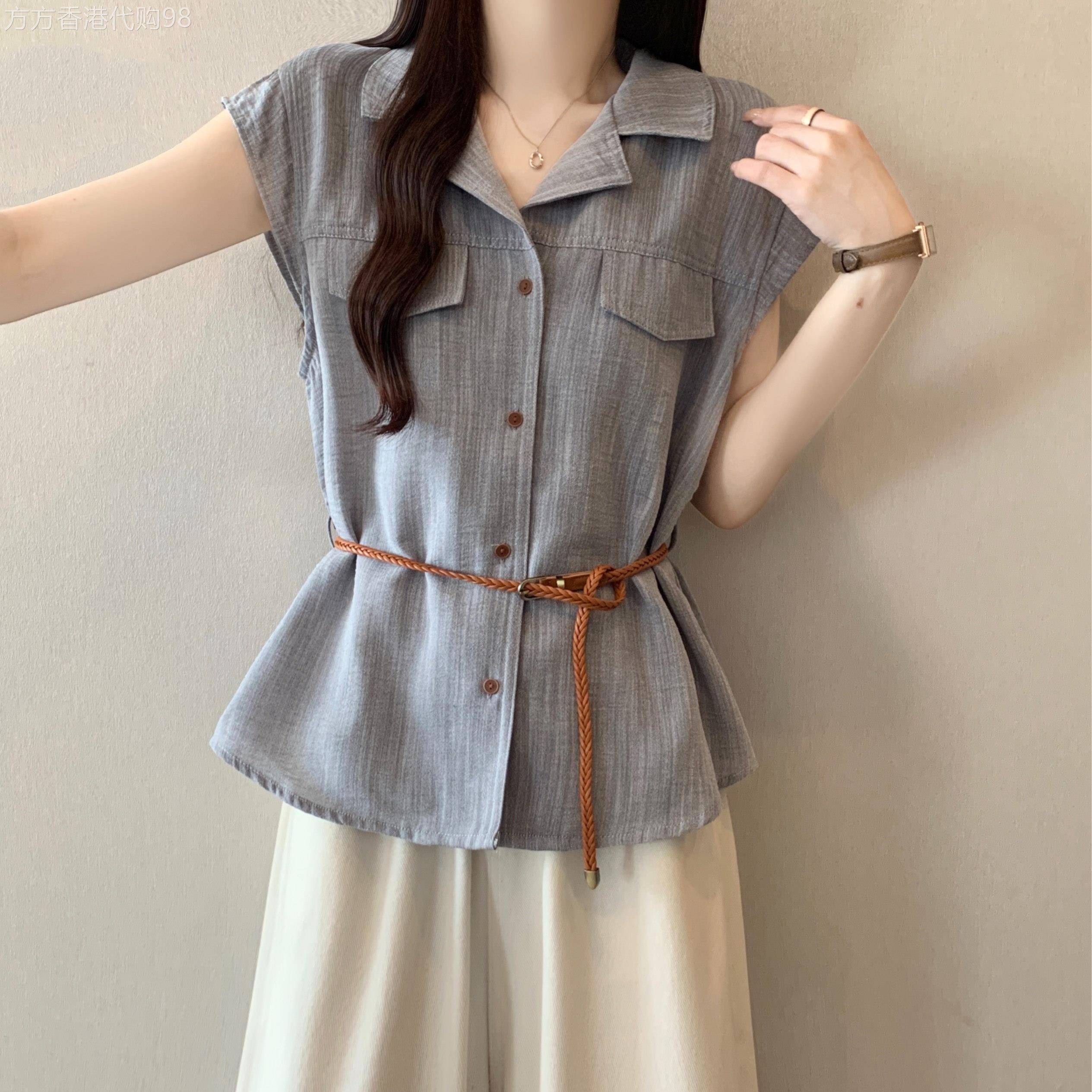 棉麻正肩短袖衬衫女夏季薄款2026新款设计感皮带收腰显瘦时尚上衣
