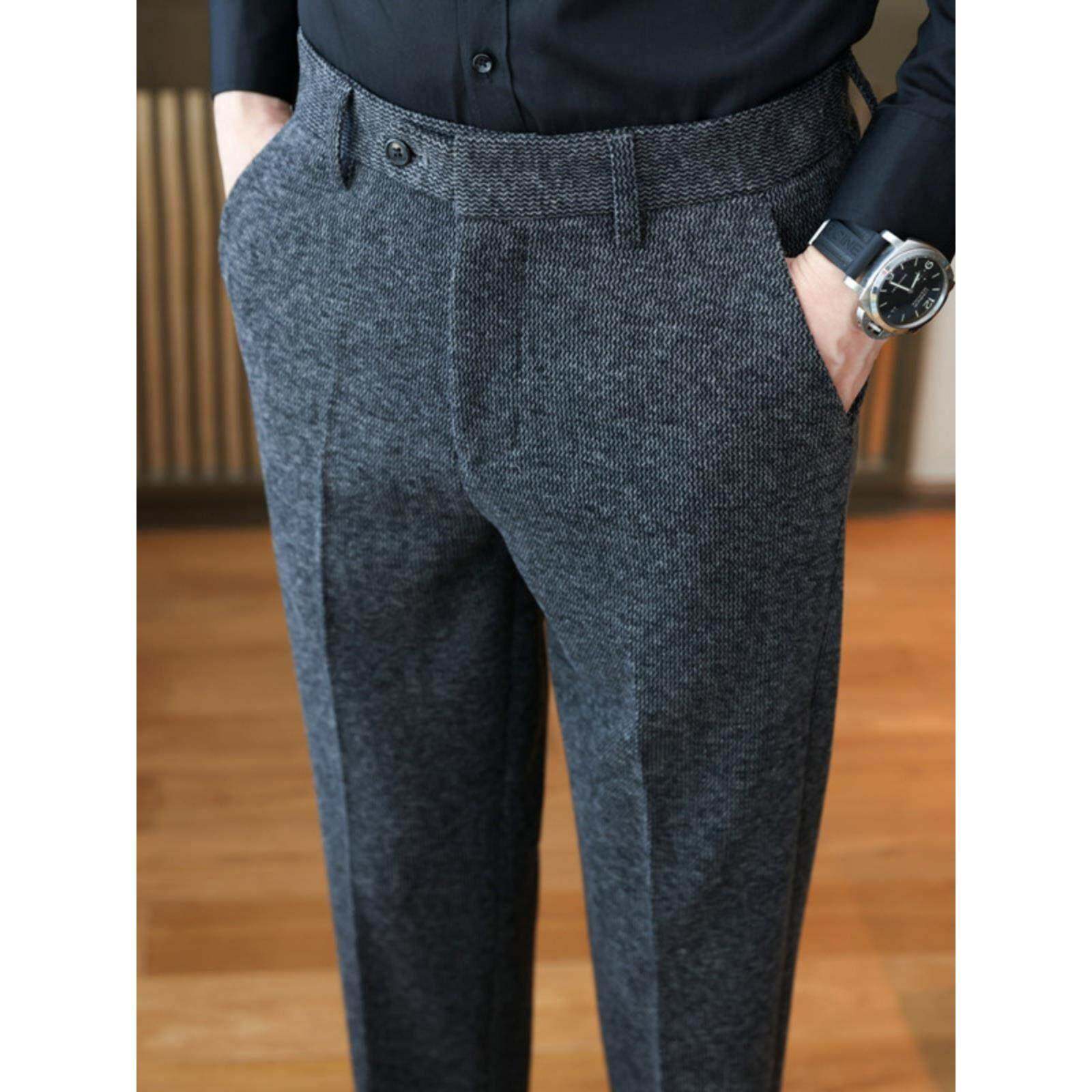 潮牌高端羊毛西裤男冬季加厚保暖商务休闲裤修身直筒抓绒西装裤子