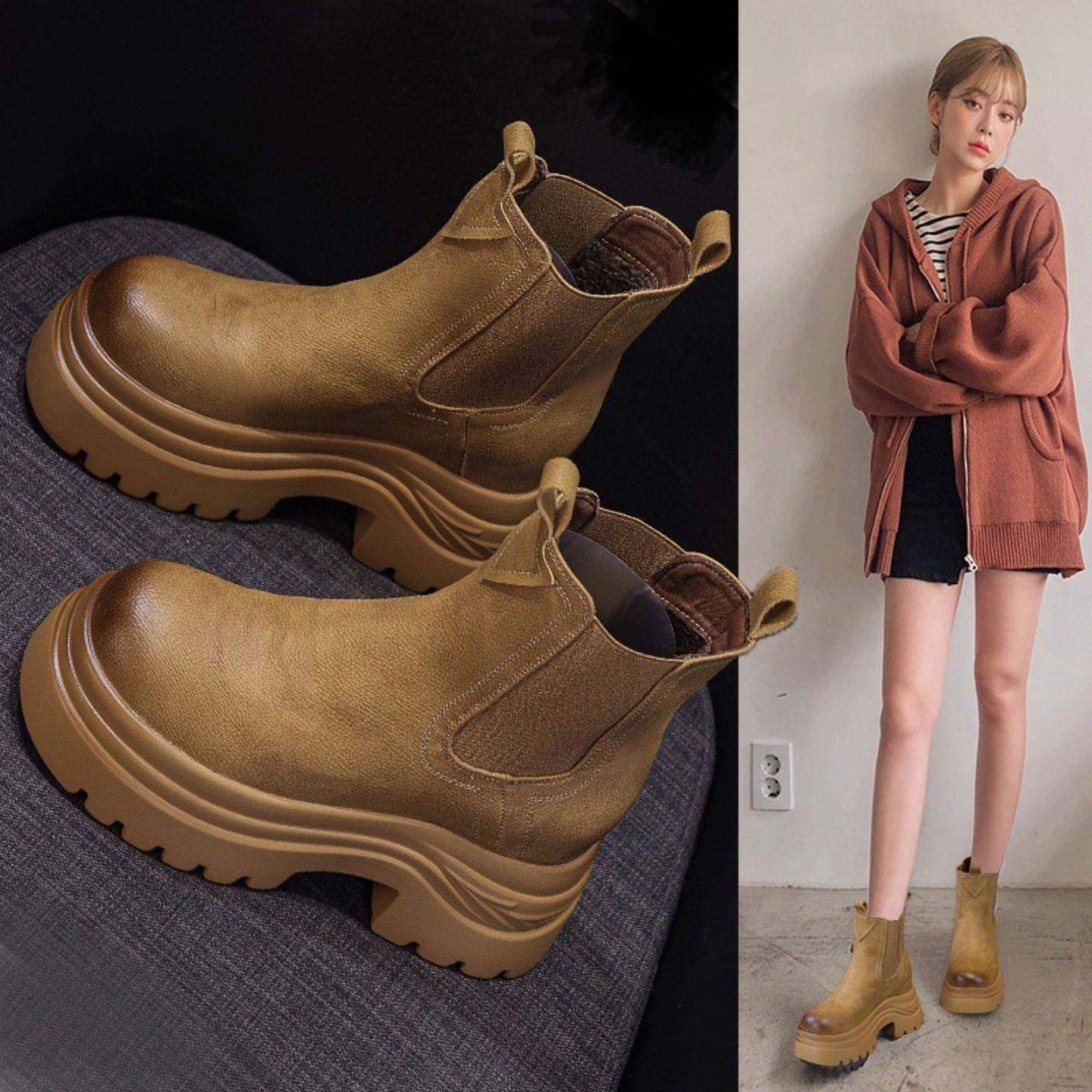 香港二棉厚底内增高马丁靴女款真皮2025秋加绒短筒小个子高跟短靴