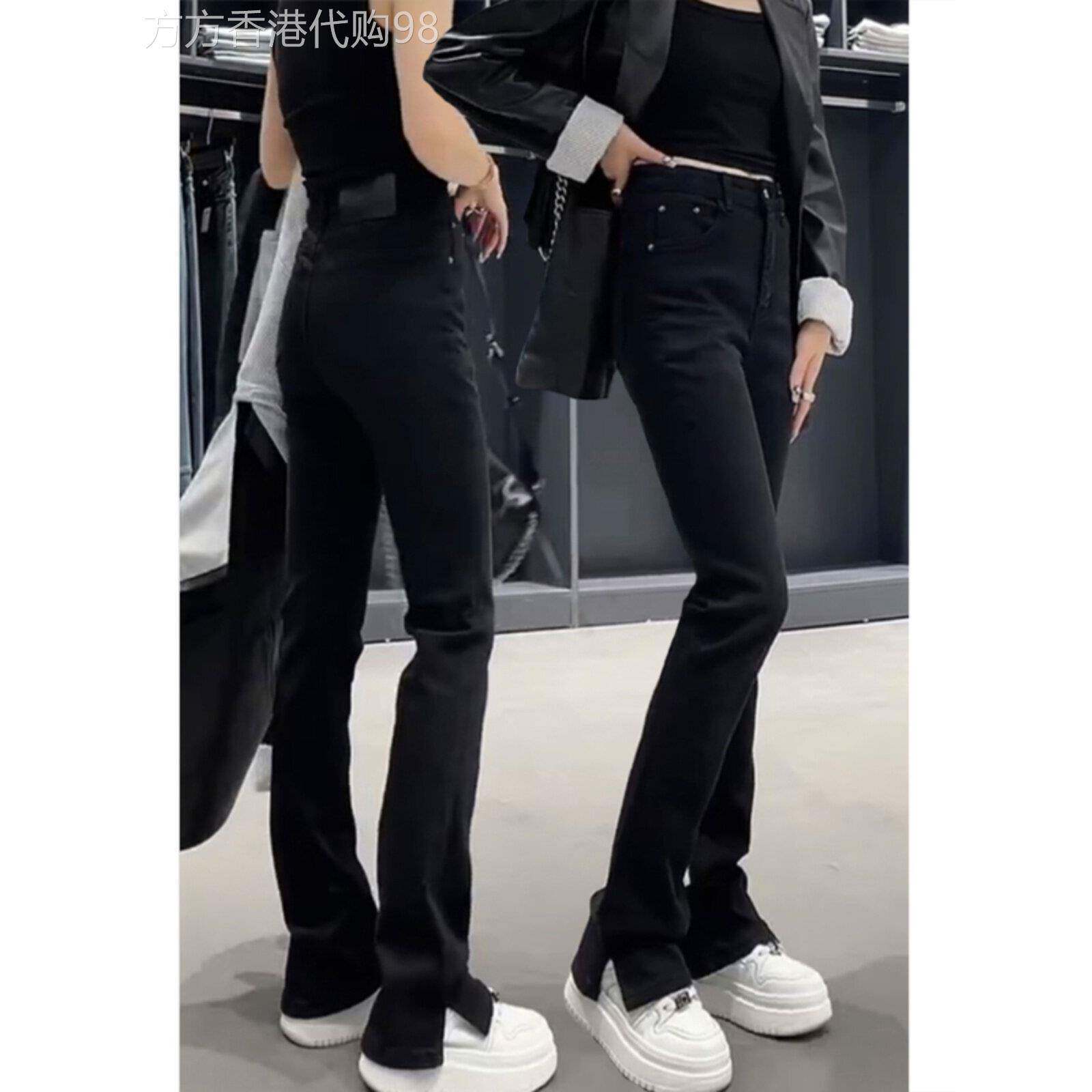 黑色开叉微喇牛仔裤子女春秋冬欧货爆款马蹄裤胖mm显瘦加绒喇叭裤