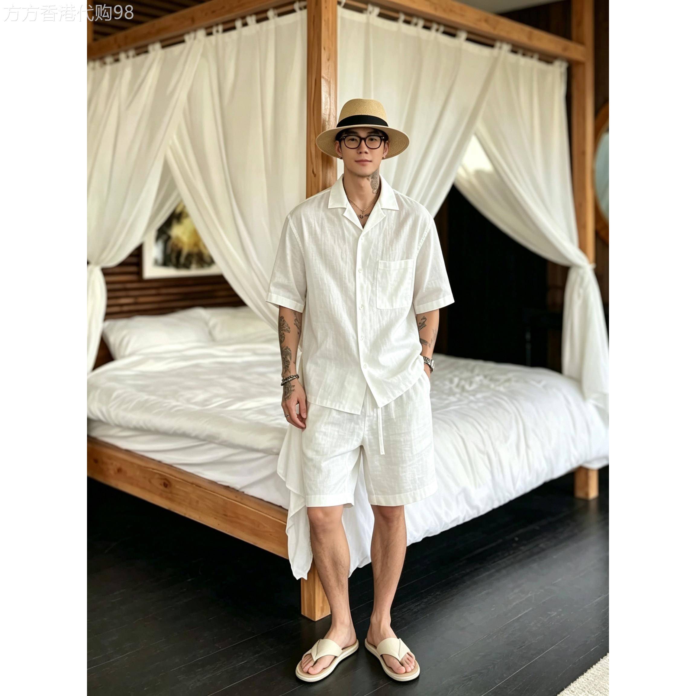 极简清爽风亚麻套装男夏季薄款古巴领短袖衬衫舒适抽绳五分两件套