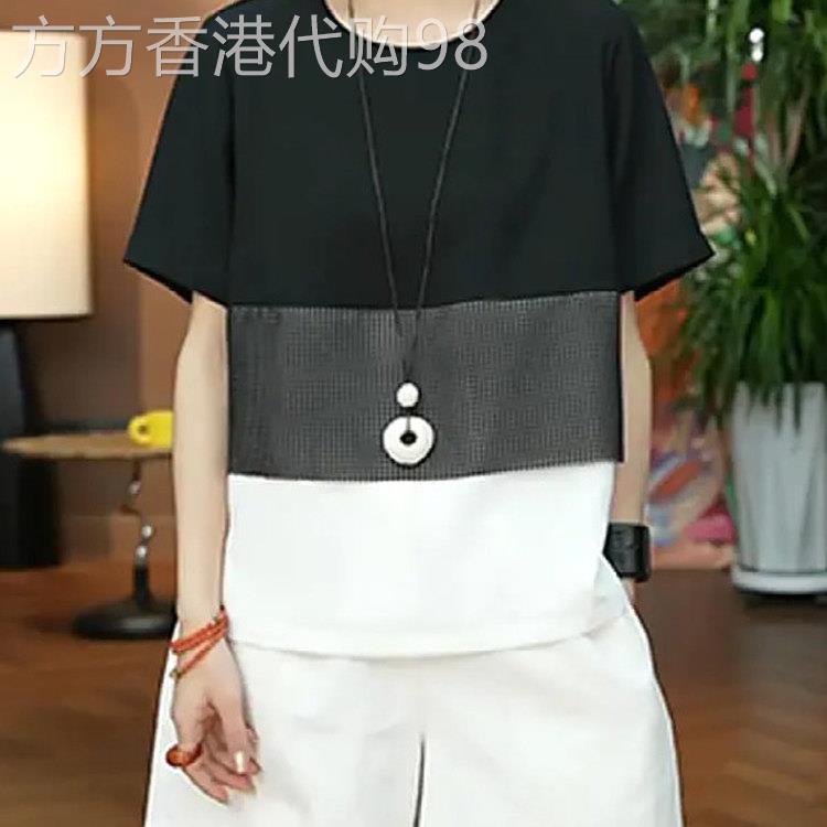 韩国大码时尚撞色拼接短袖T恤夏季新款胖MM显瘦宽松百搭休闲上衣