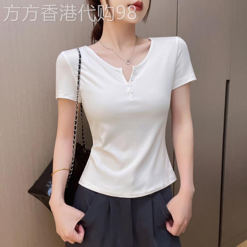 白色短袖T恤女夏2026新款小V领钮扣内搭修身显瘦打底T恤减龄上衣