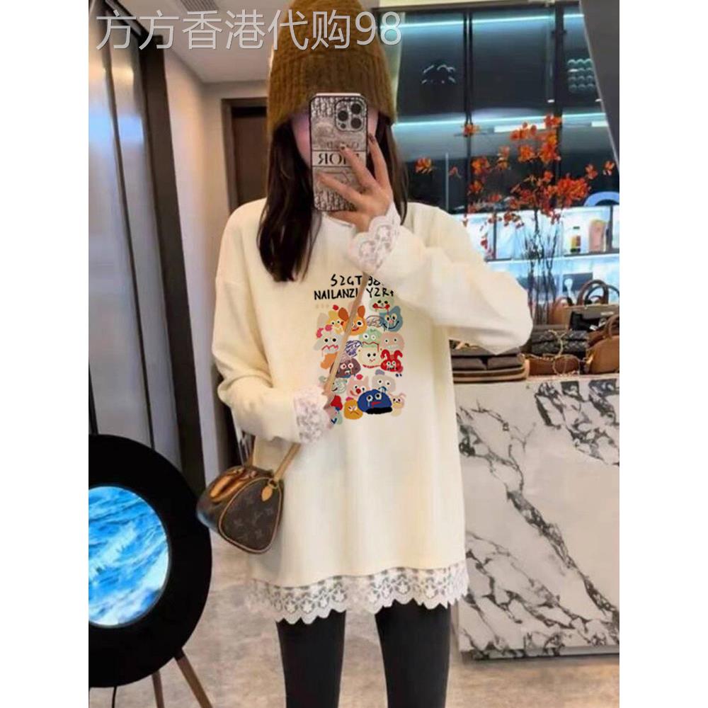 小众中长款下摆蕾丝磨毛纯棉圆领长袖t恤女宽松遮屁股上衣打底衫