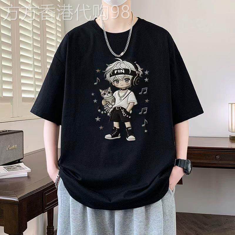 香港潮牌痞帅印花男重磅丝光棉短袖T恤美式个性冰丝垂感夏季新款