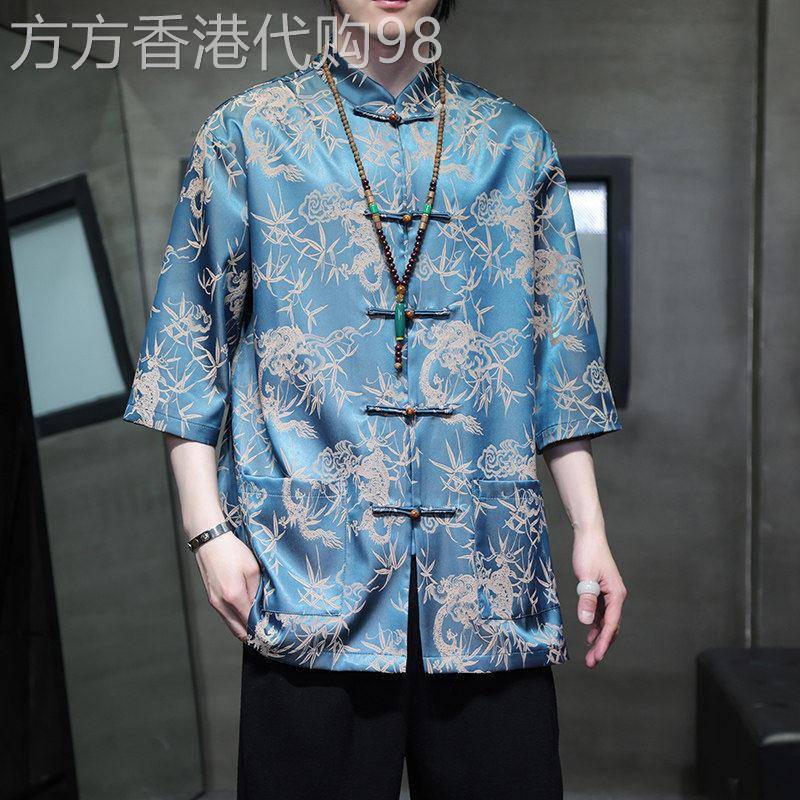 新中式唐装男中国风夏季薄款冰丝短袖衬衫改良汉服宽松大尺码上衣