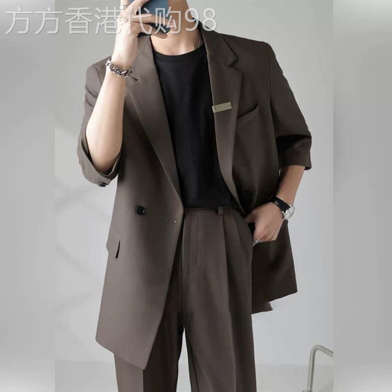 轻熟风休闲短袖西服套装男士夏季高级感痞帅潮流五分袖西装两件套