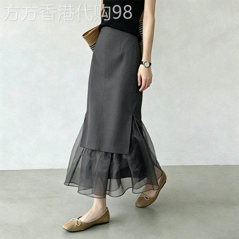 灰色假两件半身裙女2026夏季新款气质设计感简约优雅高腰时尚长裙