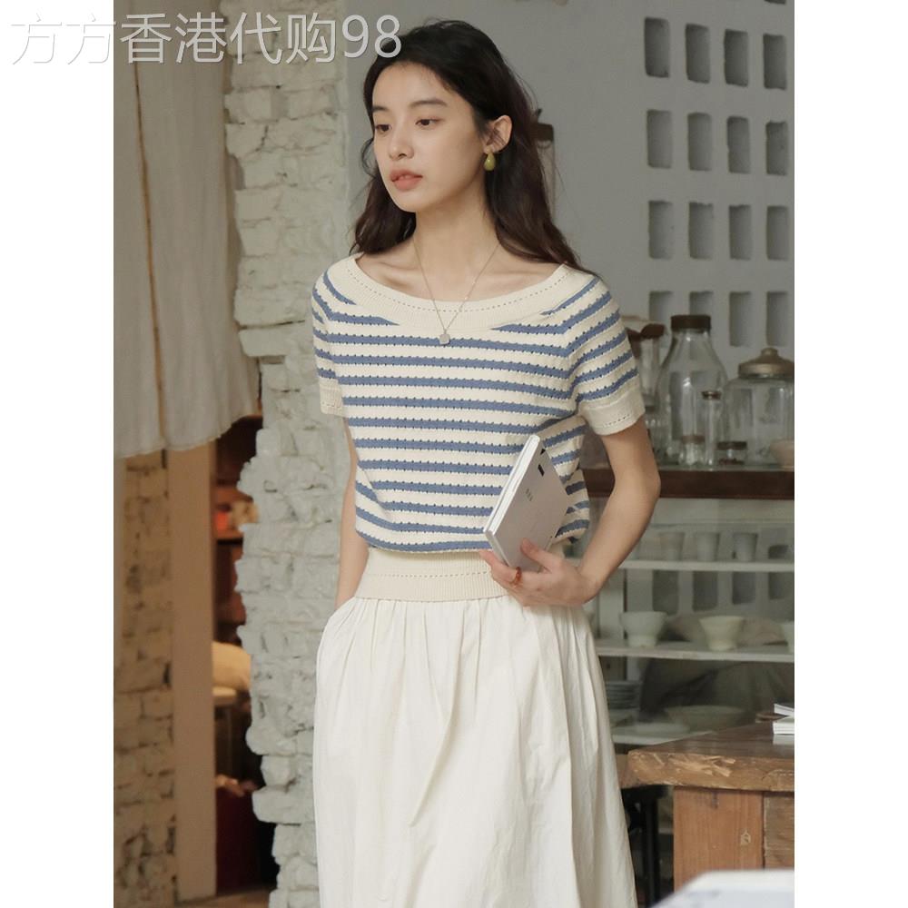 高级感一字肩条纹短袖T恤女夏季新款小个子冰丝针织上衣薄款百搭
