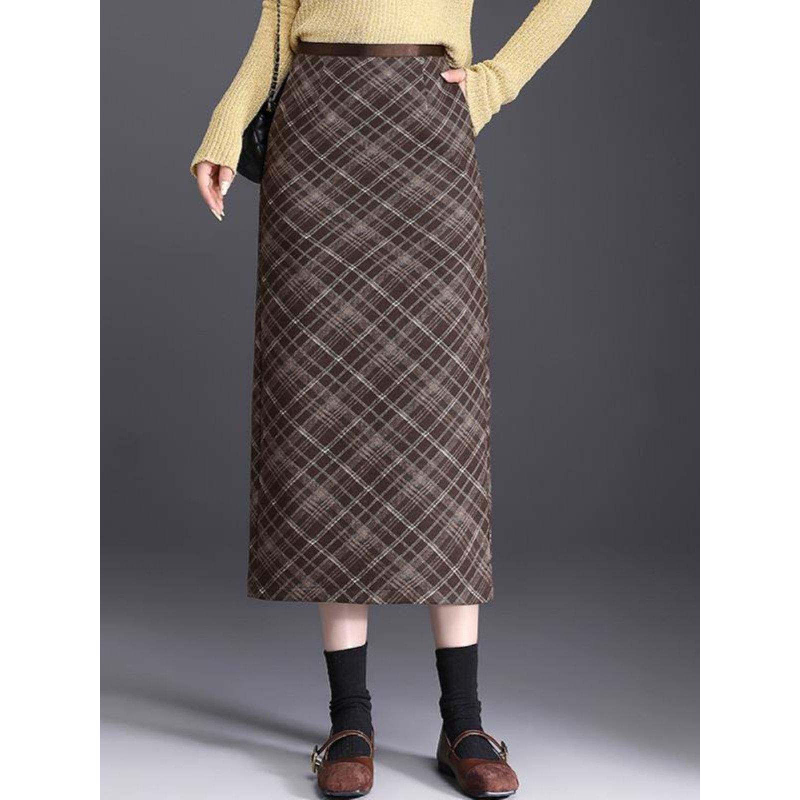 小个子毛呢半身裙覆古格子直筒包臀裙女裙子秋冬妈妈后开叉一步裙