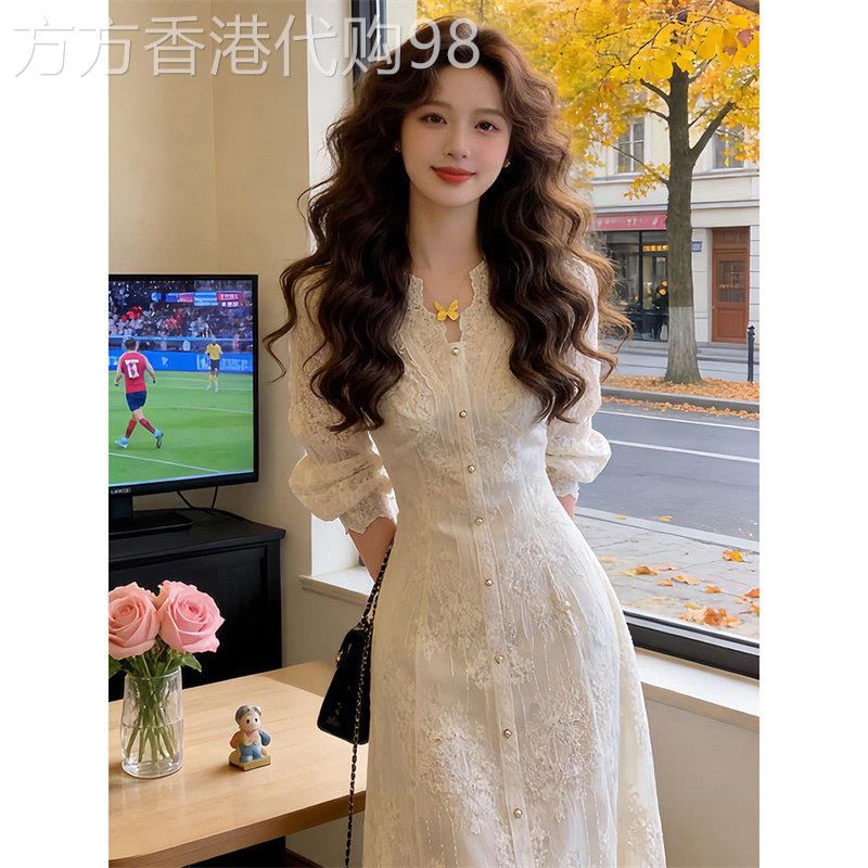 米白色蕾丝V领长袖洋装女2026夏季新款收腰遮胯显瘦中长版A字裙