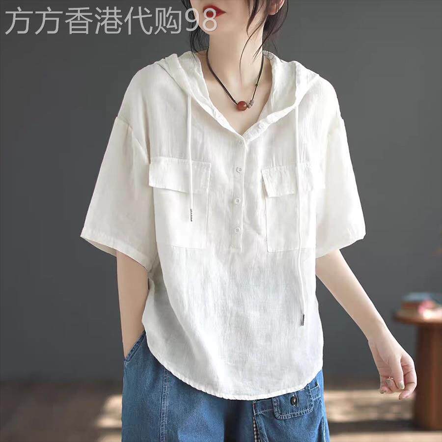 韩版复古连帽短袖衬衫女2026年夏季新款纯色休闲宽松气质减龄上衣