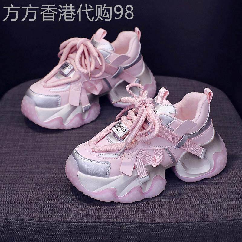 真皮粉色厚底老爹鞋女夏季2025新款增高小个子松糕休闲 跑步运动