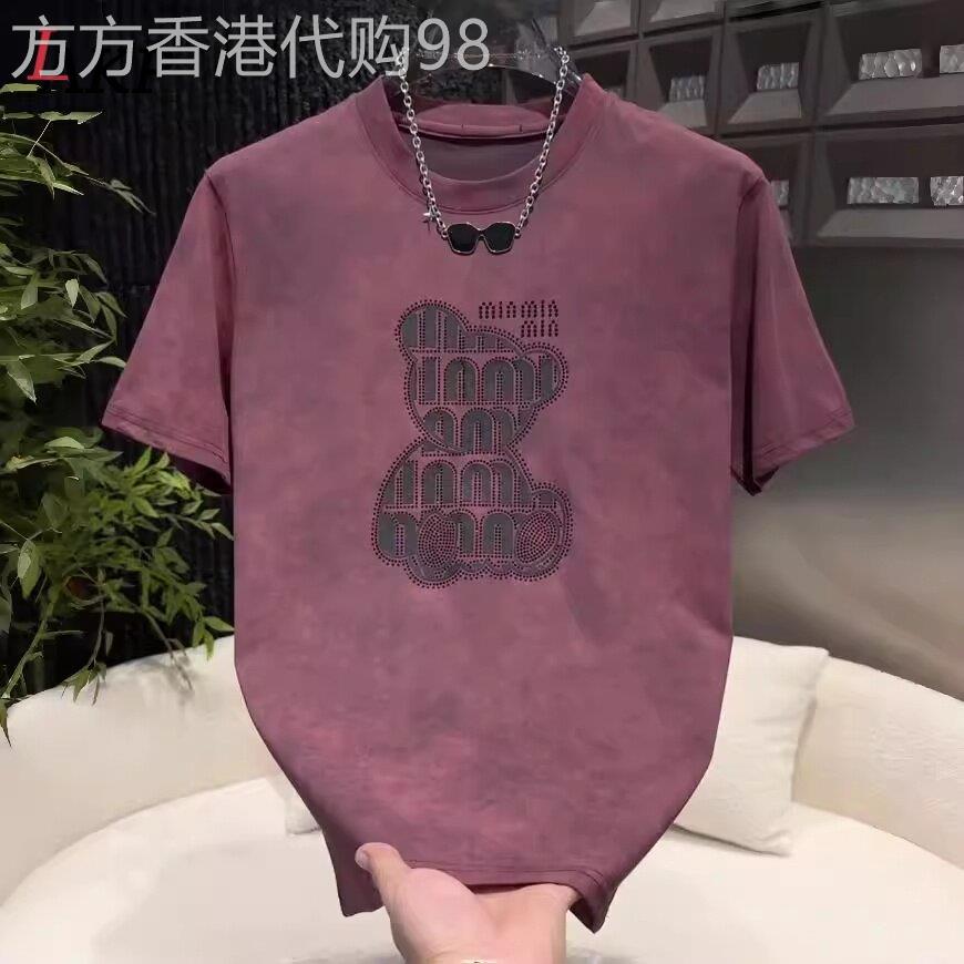 高端欧货小熊烫钻短袖T恤男士2026新款夏季休闲潮流扎染半袖男款