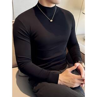 高级感半高领纯棉长袖T恤男秋冬韩版修身弹力加绒打底衫内搭体恤