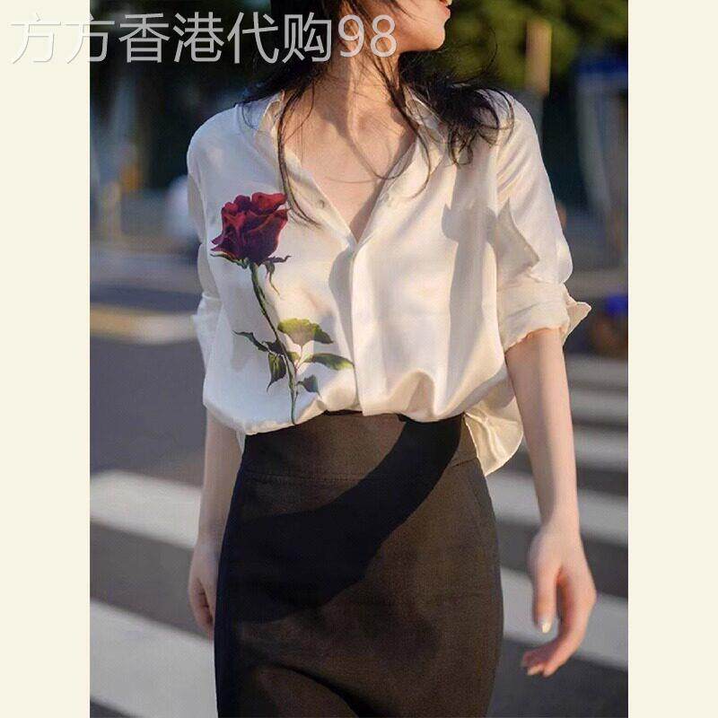 法式雪纺衬衫女2026新款设计感玫瑰印花薄款显瘦缎面白色长袖上衣