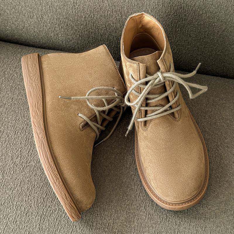 覆古英伦风翻毛皮马丁靴男2025新款中帮系带工装靴百搭休闲沙漠靴