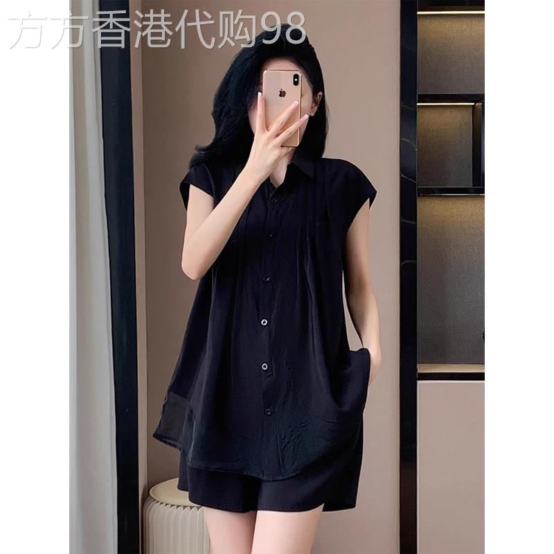 大码休闲衬衫减龄套装2026夏季胖妹妹复古时尚遮肚子短裤两件套