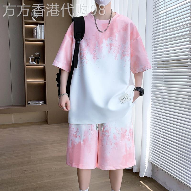 夏季新款休闲运动套装男潮流时尚搭配一套冰丝圆领短袖短裤两件套