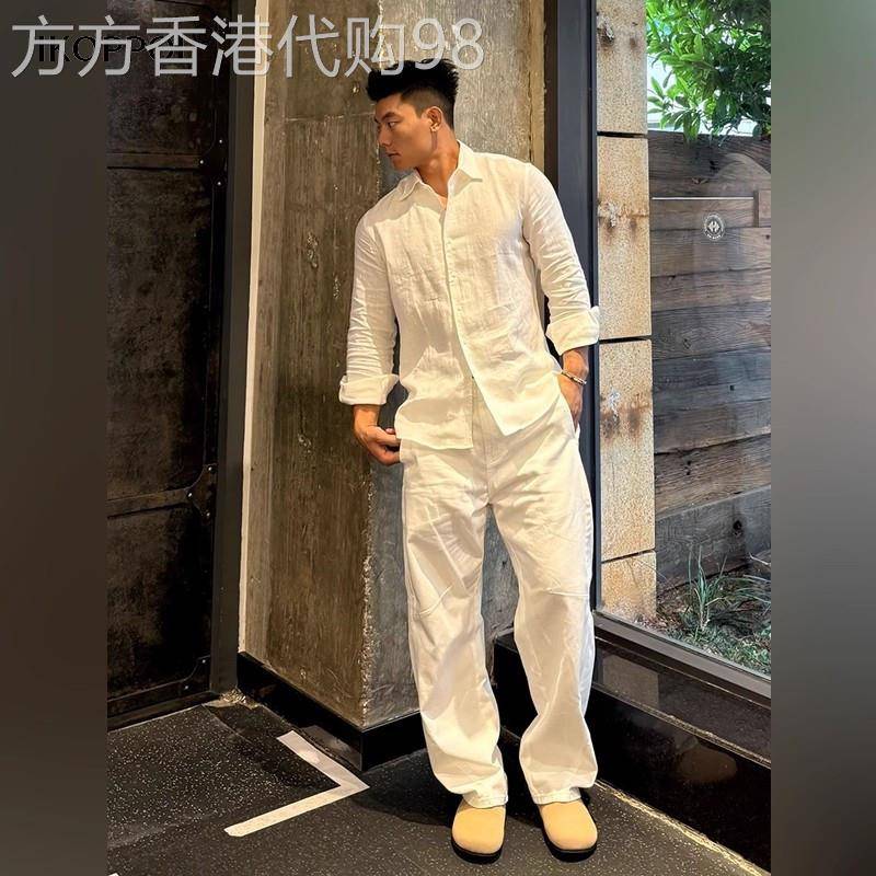 高端男士老钱风亚麻衬衫套装2025秋季莱赛尔天丝棉麻裤子一整套