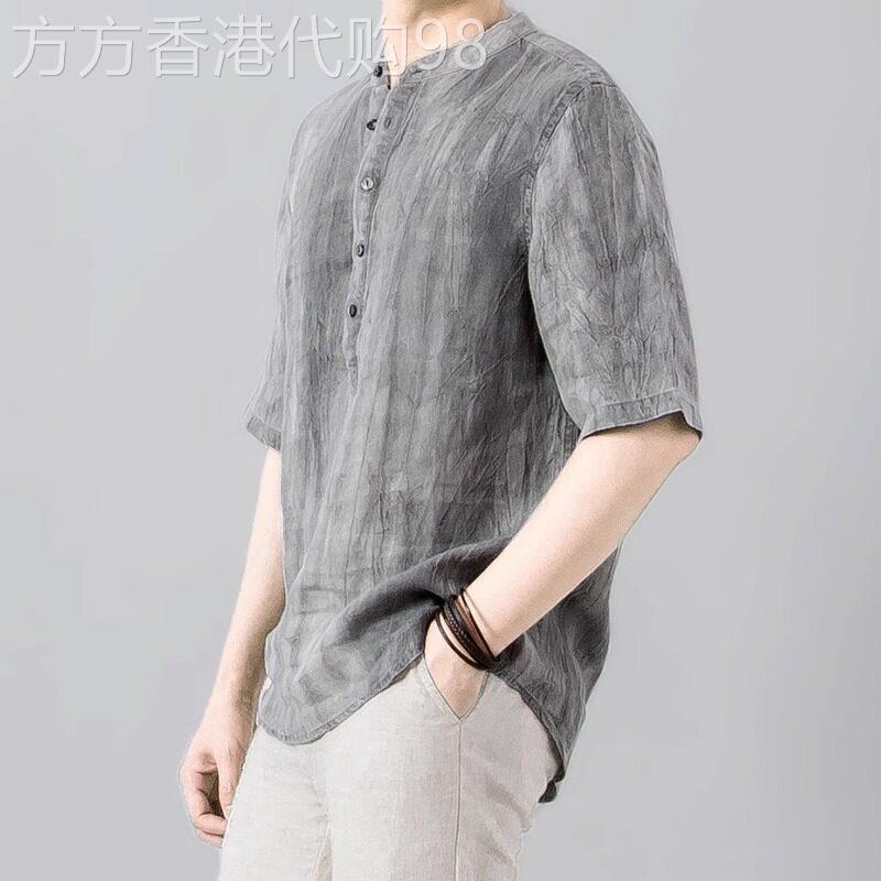 MK亚麻短袖衬衫男 夏季透气立领衬衫 五分袖宽松衬衫