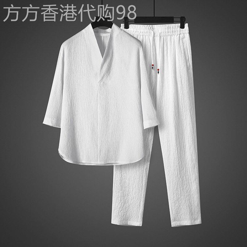 欧货中国风男士冰丝复古汉服t恤宽松大码禅服薄款半袖休闲裤套装