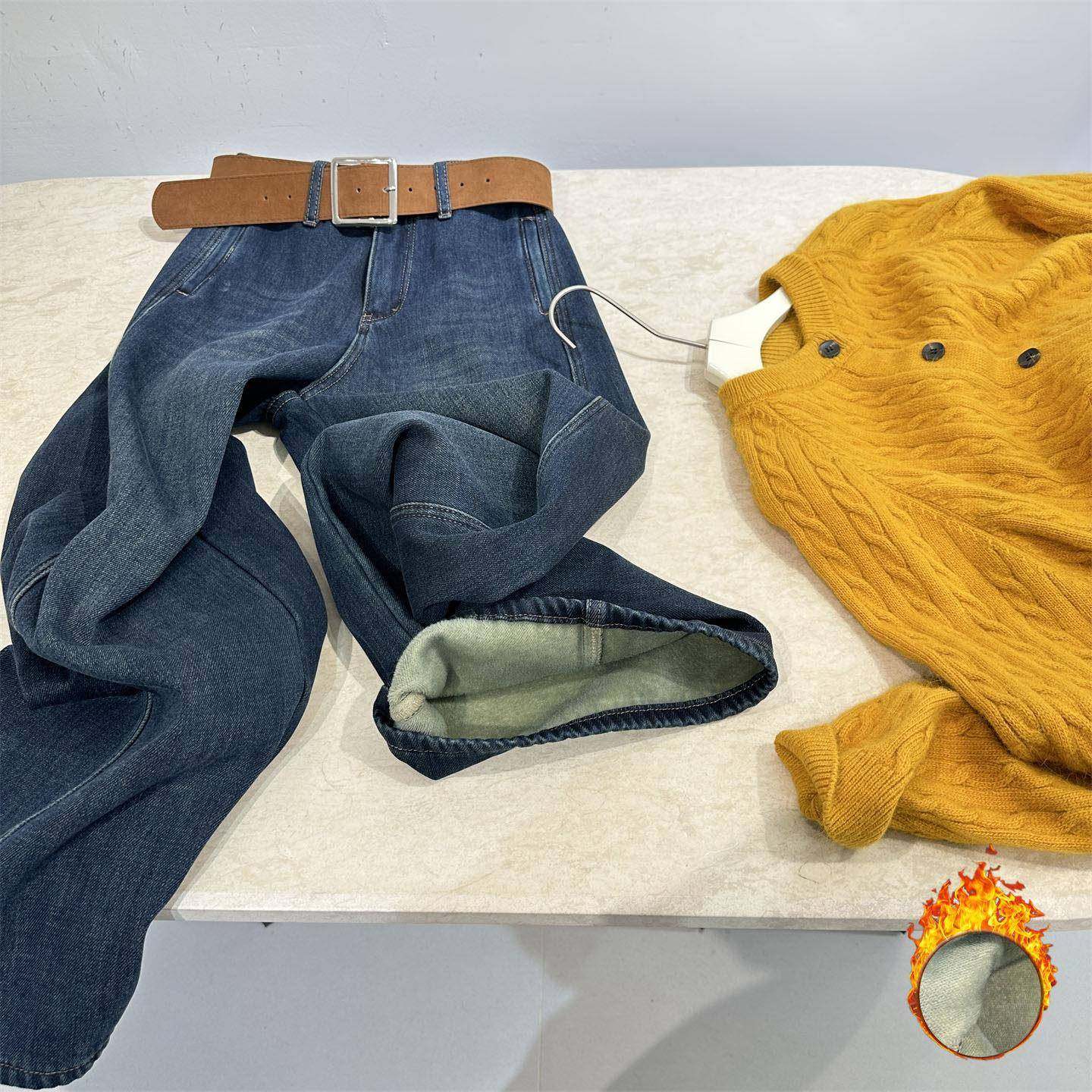 立体剪裁加绒阔腿牛仔裤女秋冬时髦复古高腰宽松休闲百搭直筒裤子